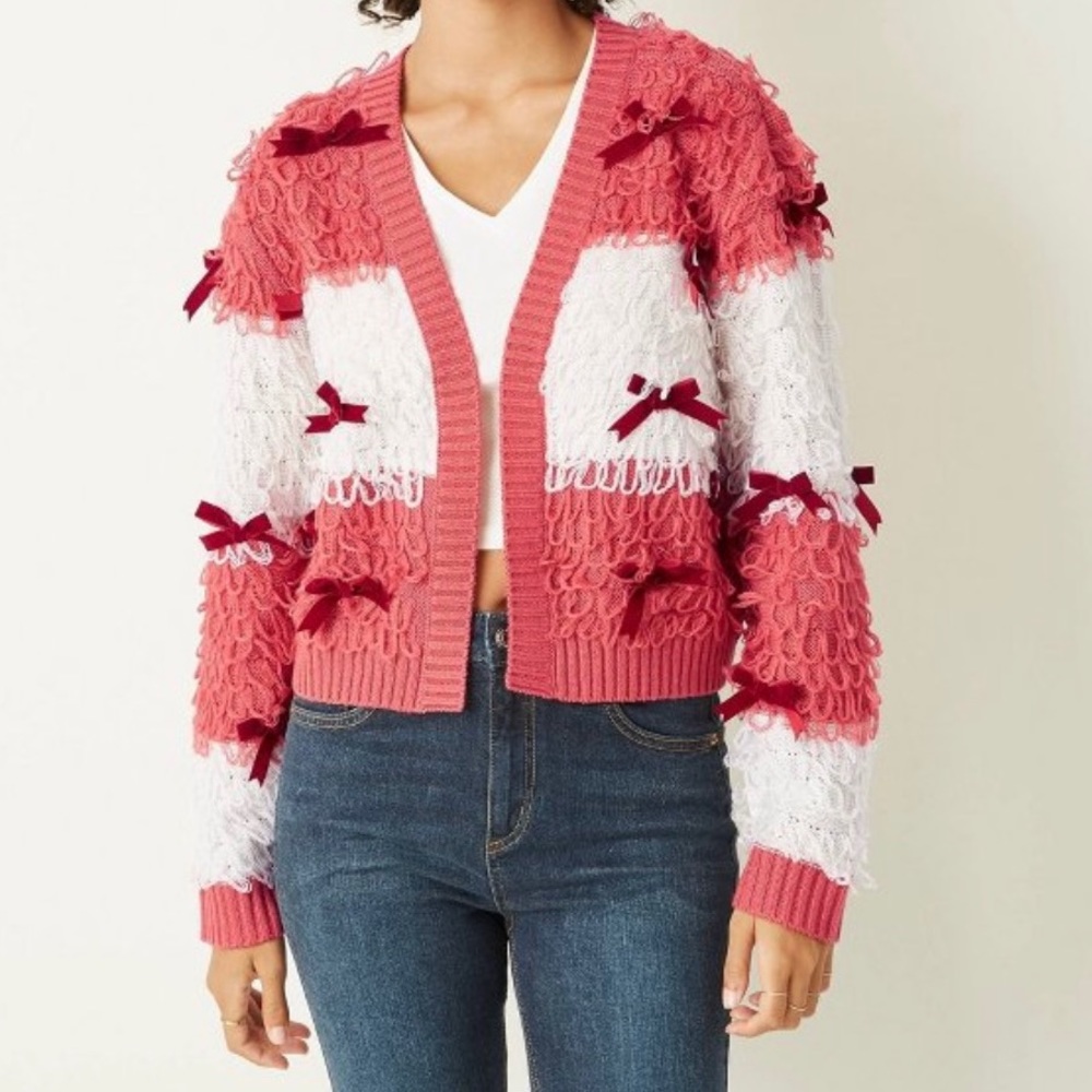 Mighty Fine Red Striped Holiday Red And White Bow Cardigan Sweater